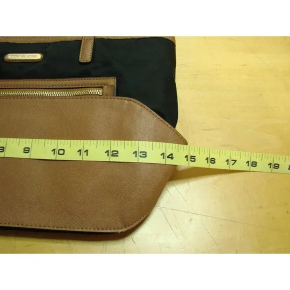 Michael Kors Black Nylon Tote Shoulder Bag Brown Trim Faux Leather Edging Purse - Picture 11 of 12